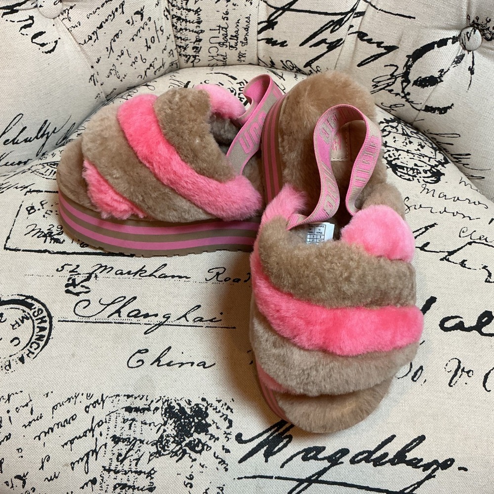 UGG Fluffita Platform Slingback Slipper Pink Rose Tan 1120875 Size 8 Womens